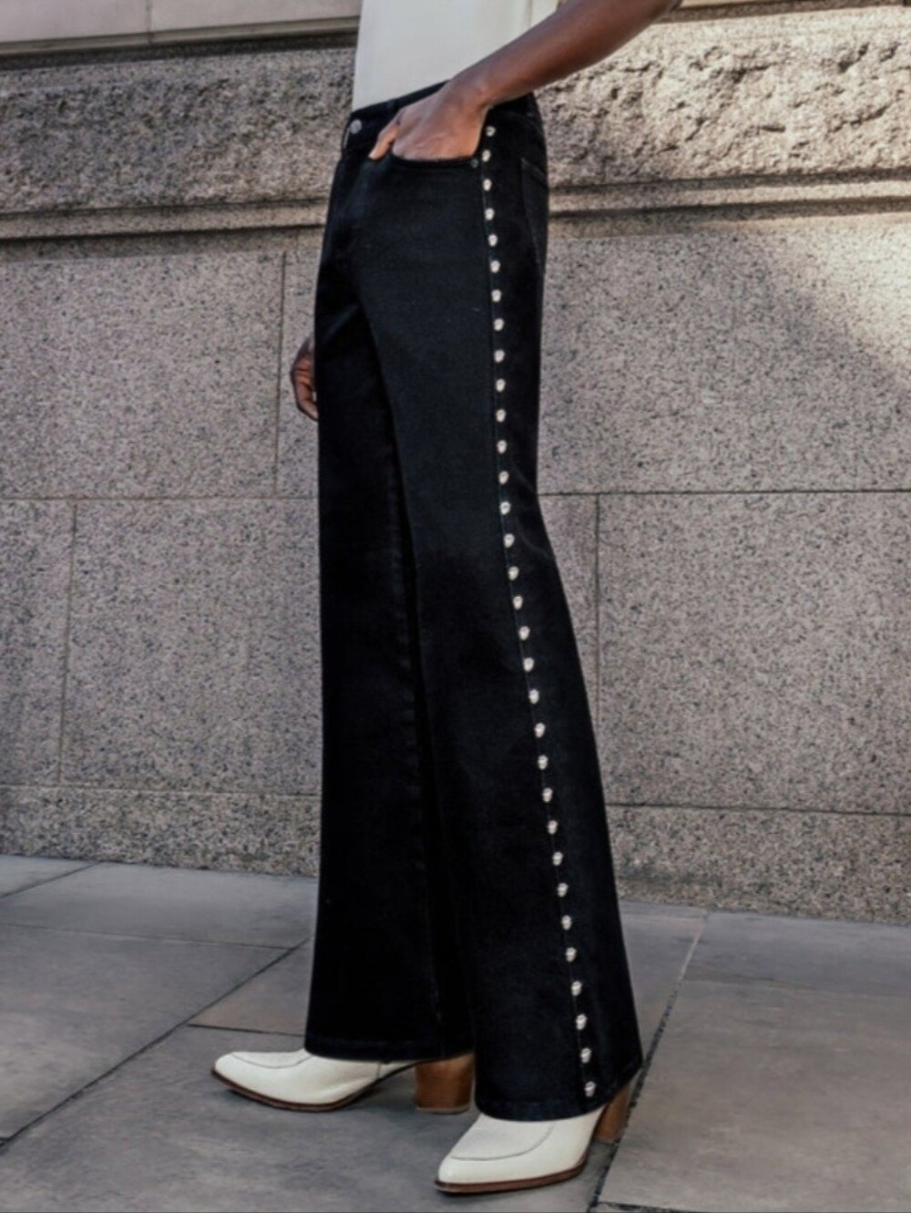 P.H.I.X. Black Leg Studded Logo Denim Flare Size 34